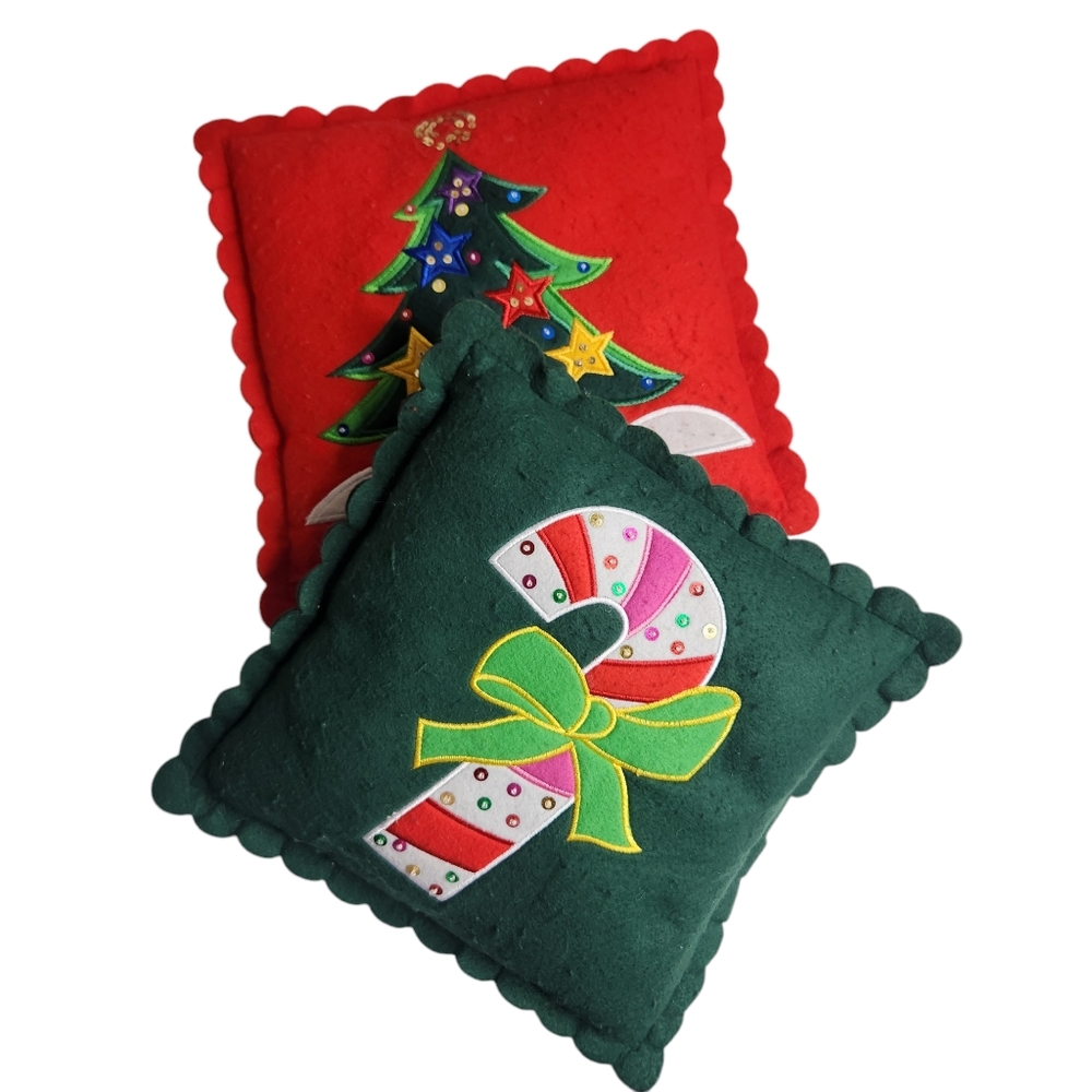 Vintage Christmas Tree Candy Cane Felt Handmade Holiday Red Throw Pillows